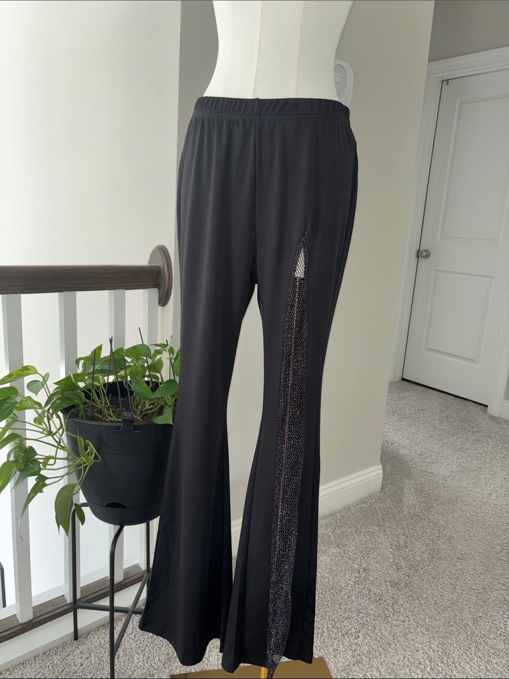 Black Wide-Leg Mesh-Trim Pants